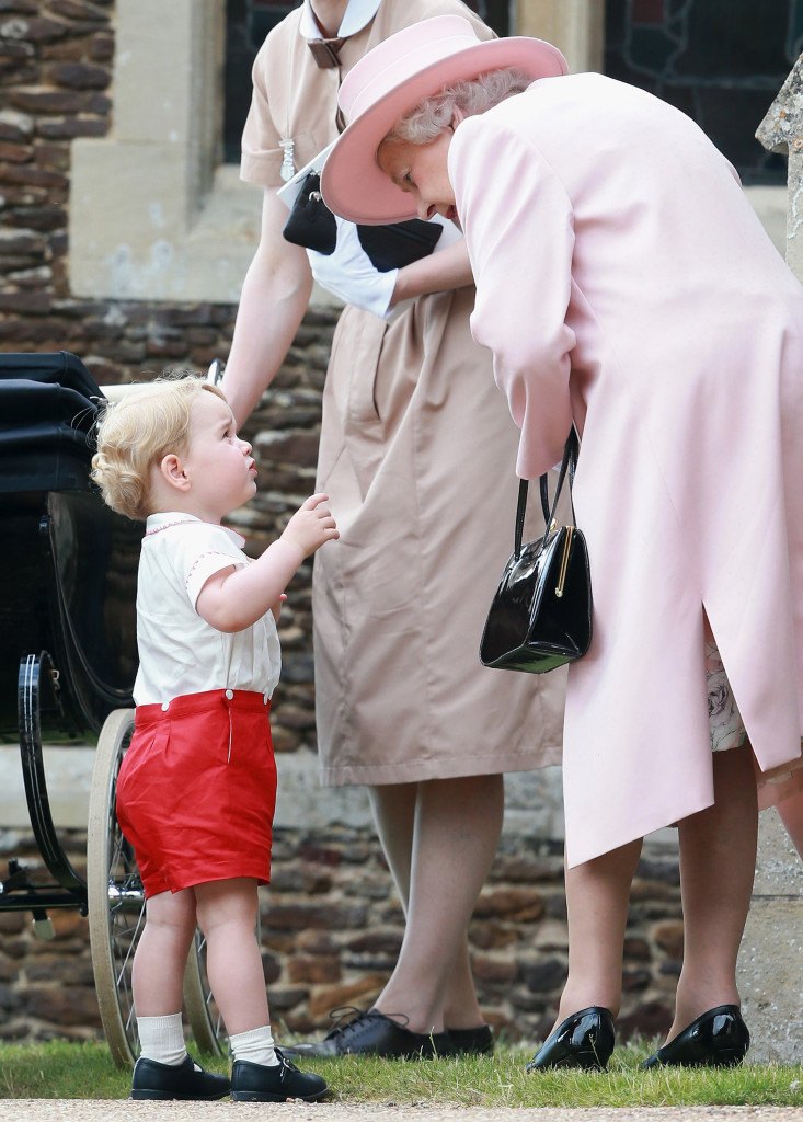 The Christening of Princess Charlotte at The Church of St Mary Magdalene, Sandringham, Norfolk, UK on the 5th July 2015. Picture by Chris Jackson/WPA-Pool Pictured: Prince George, Queen, Queen Elizabeth Ref: SPL1071602  050715   Picture by: Splash News Splash News and Pictures Los Angeles:310-821-2666 New York: 212-619-2666 London:870-934-2666 photodesk@splashnews.com 