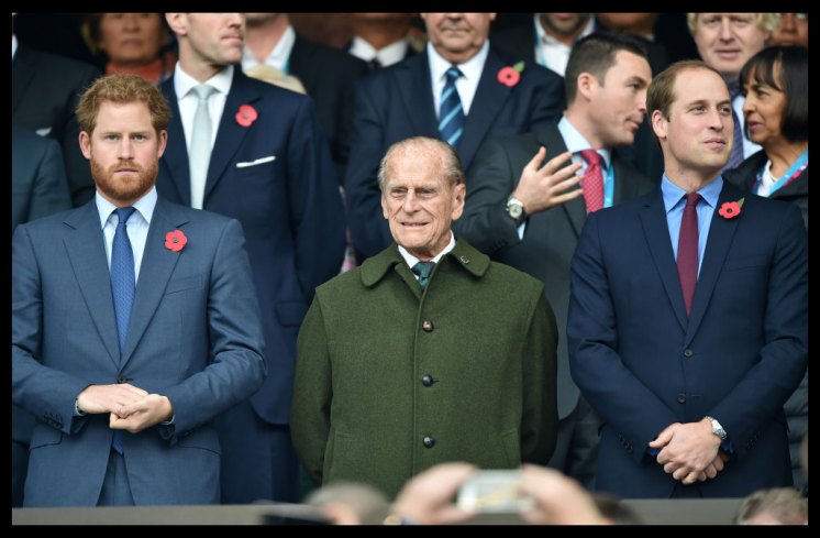 Prince Harry, The Duke of Edinburgh and The Duke of Cambridge at the Rugby World Cup final between Australia and New Zealand at Twickenham. Picture by i-Images