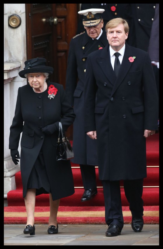 The Queen and King Willem Alexander arrive at the Remembrance Sunday service at The Cenotaph. Picture by Stephen Lock / i-Images