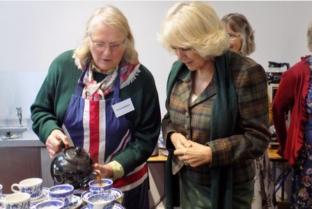 Camilla has a cup of tea in the new village hall Blackmore Vale)